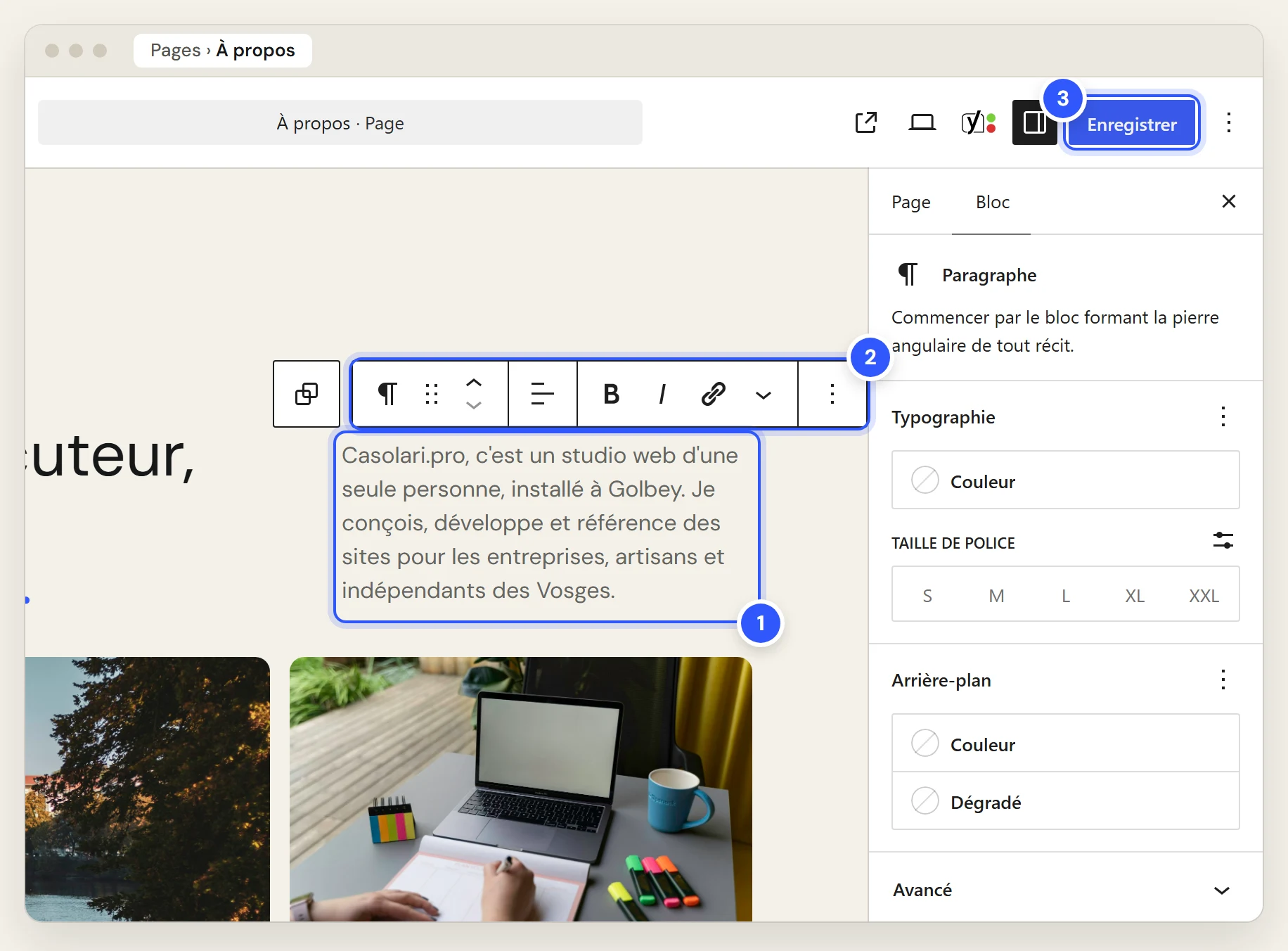 Éditeur de blocs de WordPress : un paragraphe de la page À propos sélectionné, avec sa barre d'outils et le bouton Enregistrer
