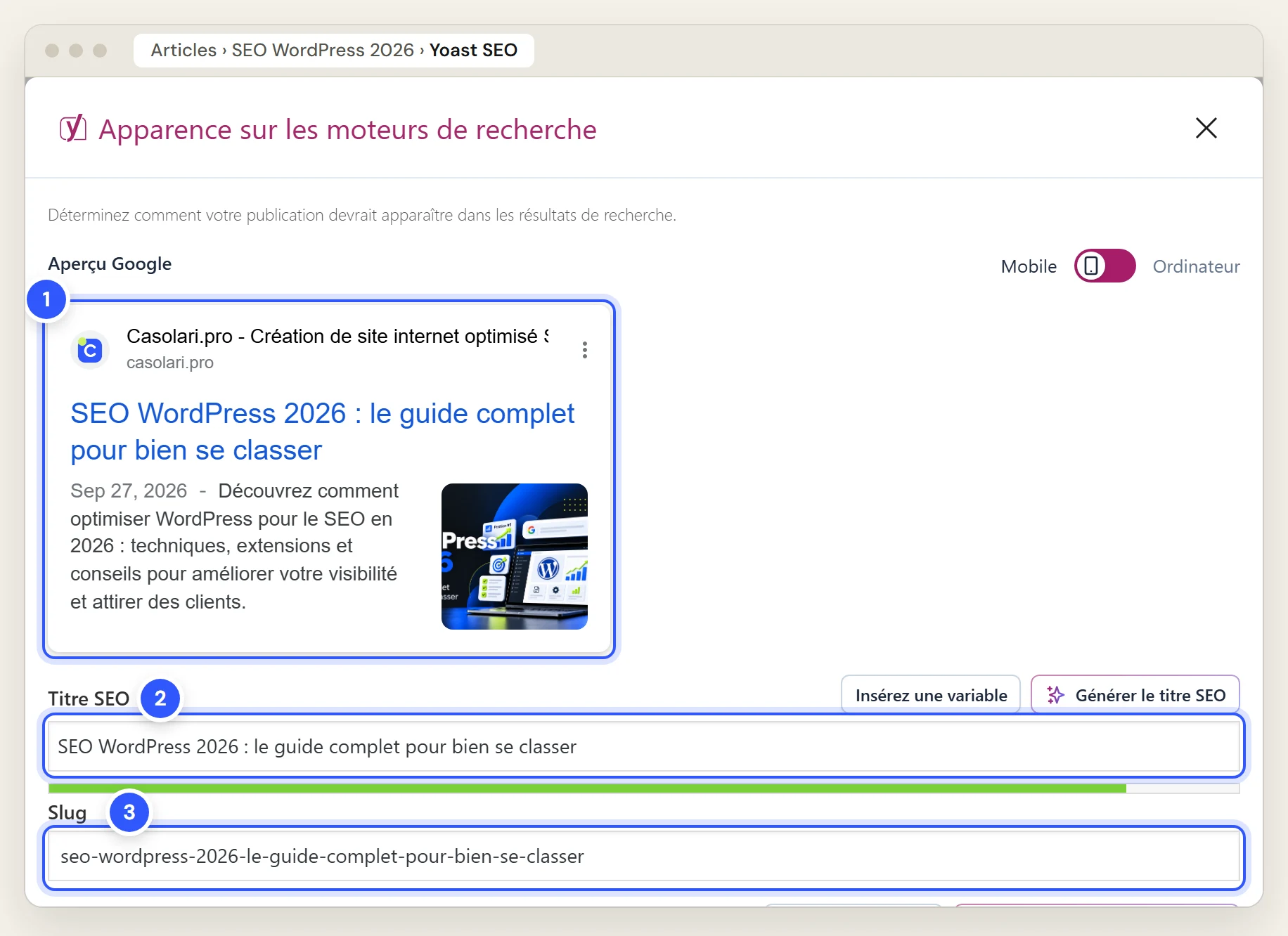 Aperçu Google de l'article SEO WordPress 2026 dans Yoast SEO, avec le titre SEO et le slug