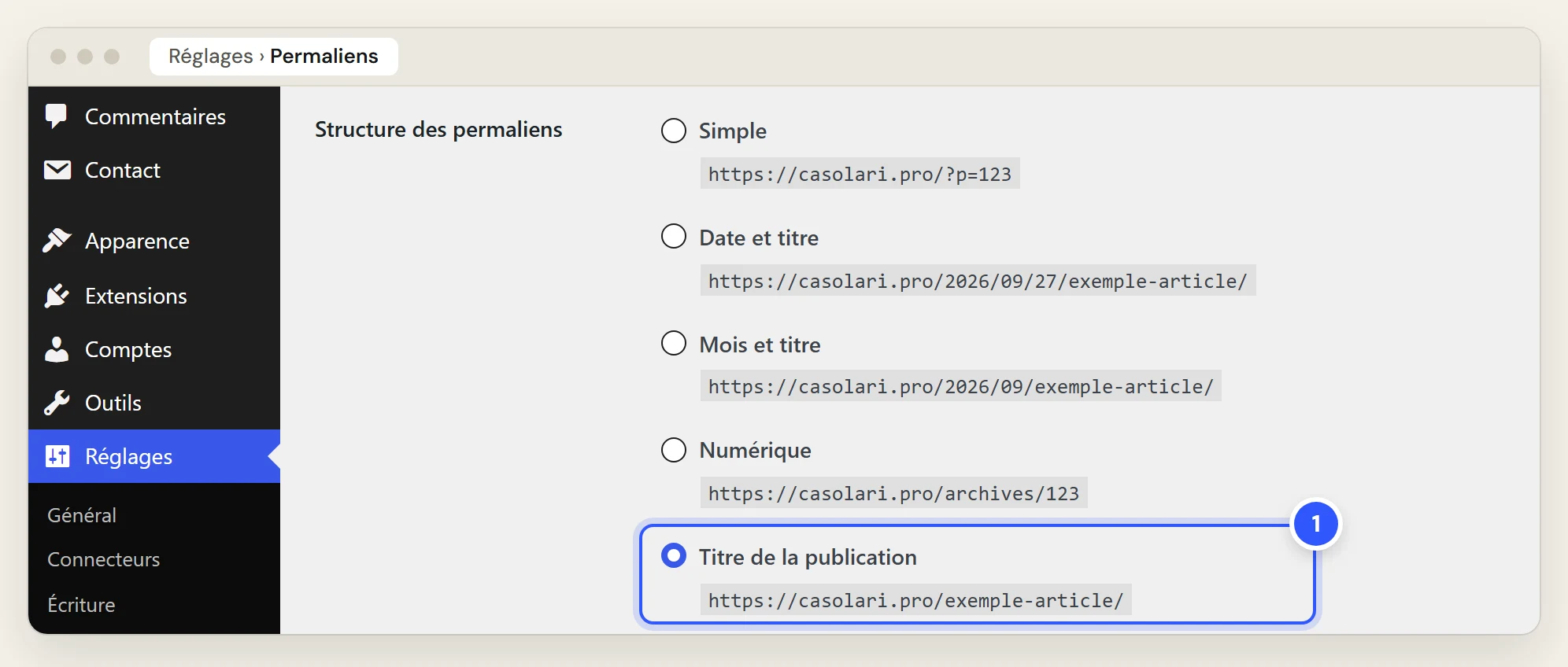 Réglages des permaliens de WordPress avec l’option Titre de la publication sélectionnée