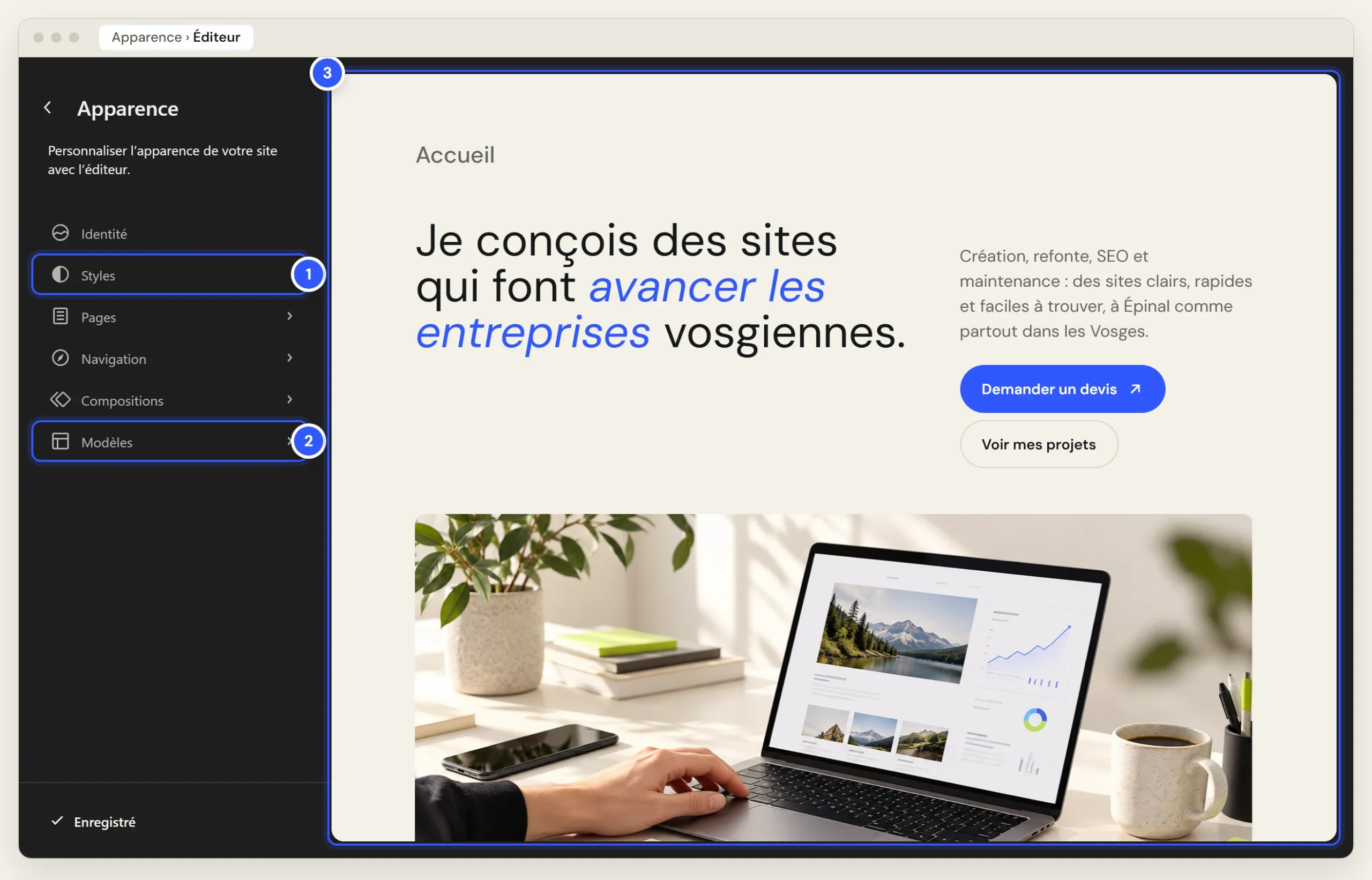 Éditeur de site de WordPress : menu Apparence avec Styles et Modèles, et aperçu de la page d'accueil