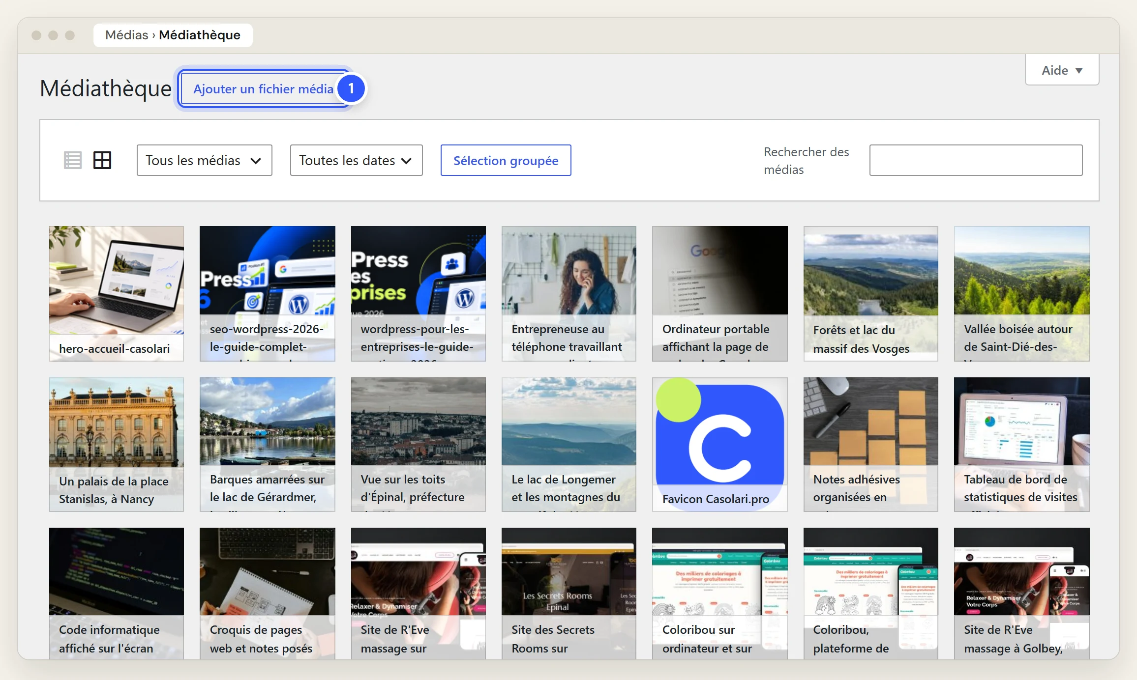 Médiathèque de WordPress en grille, avec le bouton Ajouter un fichier média