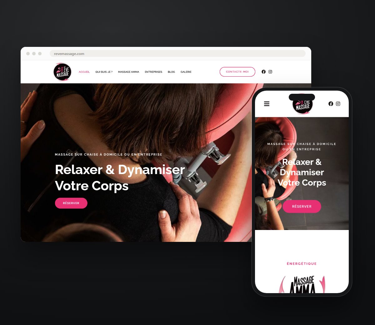 Site de R'Eve massage à Golbey, version ordinateur et smartphone