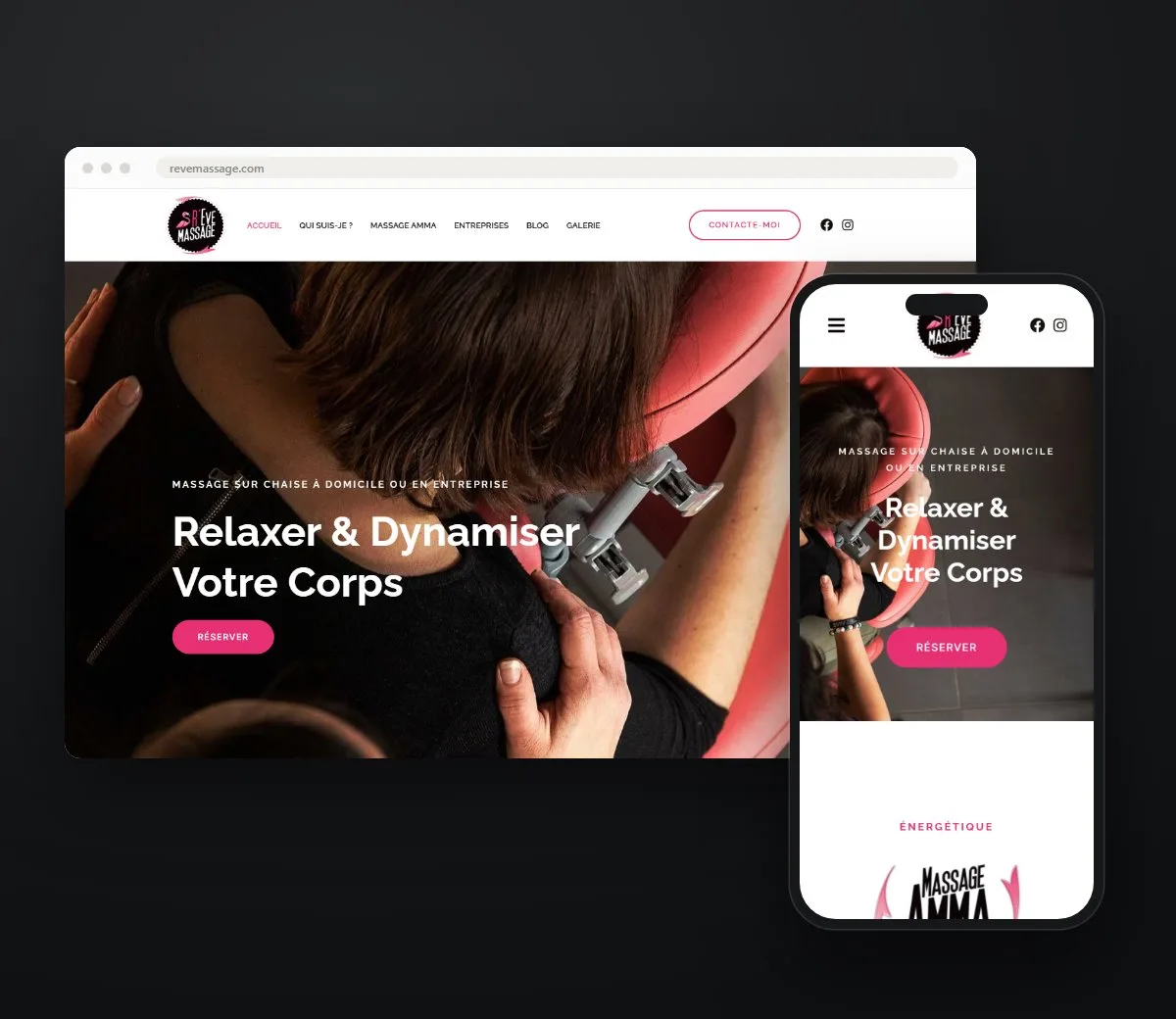 Site de R'Eve massage à Golbey, version ordinateur et smartphone