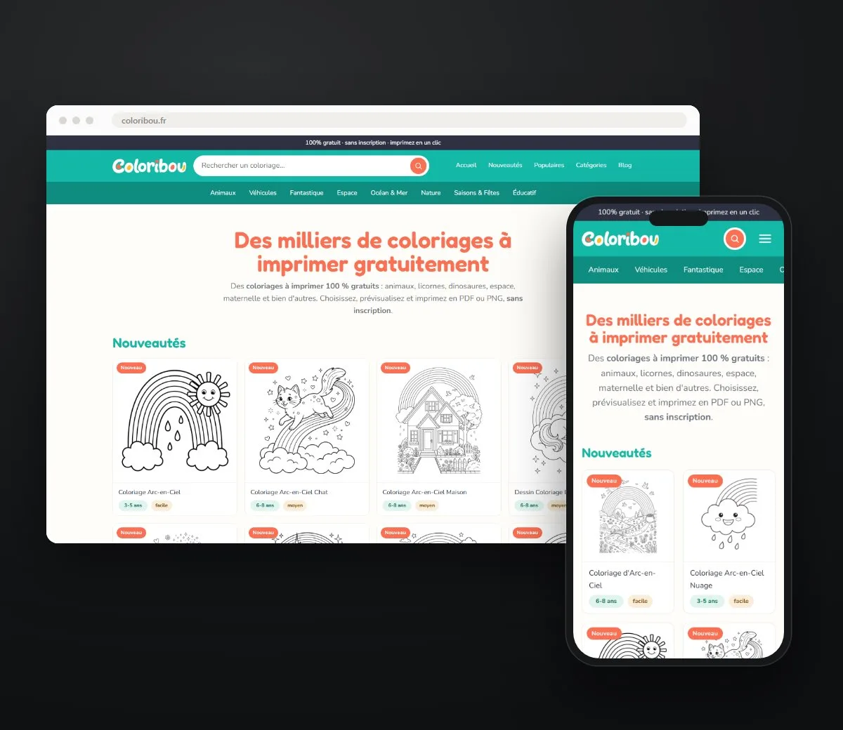 Coloribou, plateforme de coloriages à imprimer, version ordinateur et smartphone